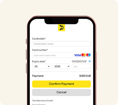 Mobile payment form on smartphone showing card payment fields and Confirm Payment button